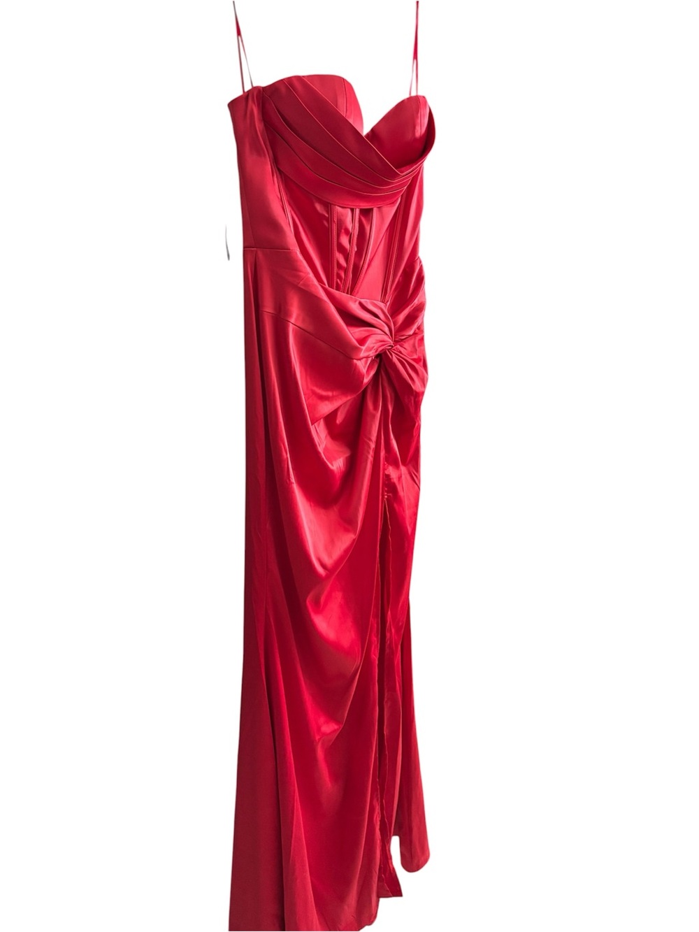 Strapless Red Satin Evening Dress with Draped Knot Detail